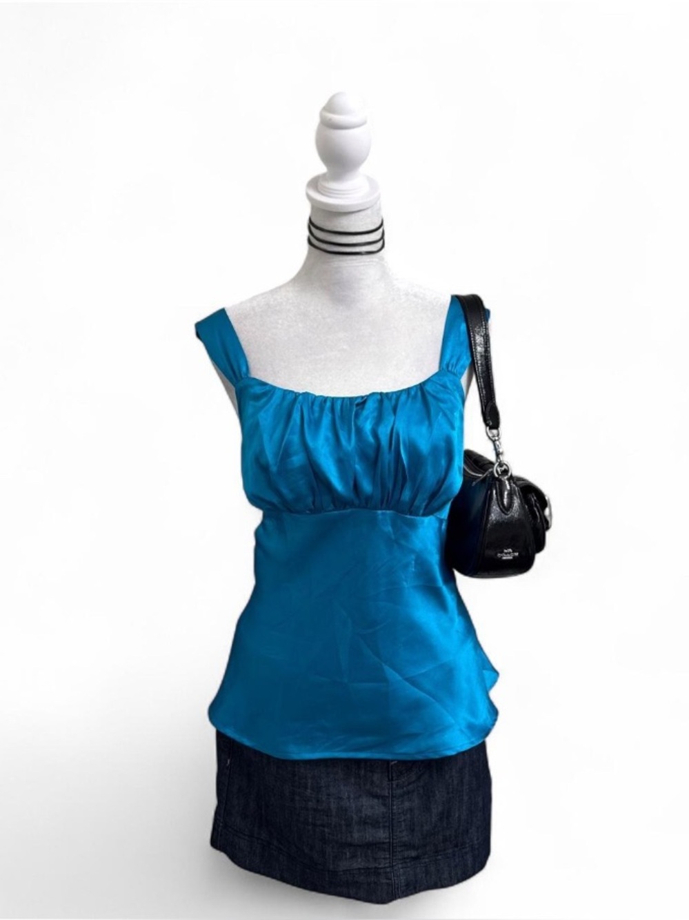 Satin Gathered Tank Top - Teal Blue
